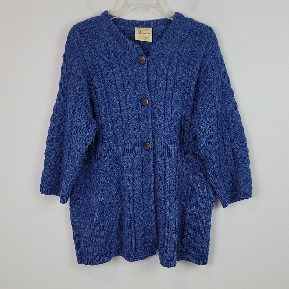 Kilronan Knitwear Ireland Wool blue cardigan sweater 3/4 sleeves Medium